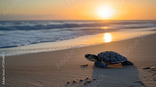 A sea turtle making its way to the ocean at dawn symbolizing life and new beginnings on a pristine beach. © Thomas