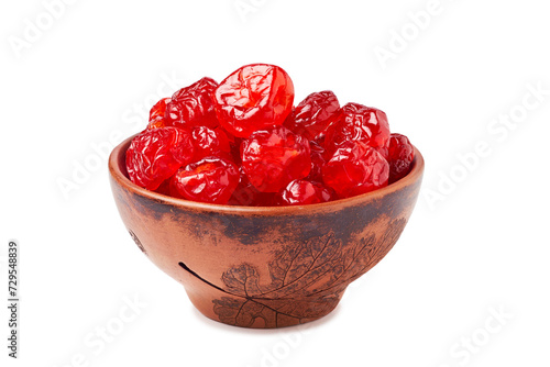 Bowl of dried cherries on white