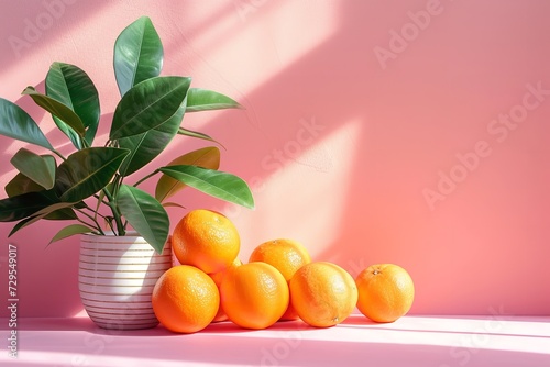 Oranges arranged in a cluster atop a table beside a tree pot over a soft pink backdrop with space  Generative AI.
