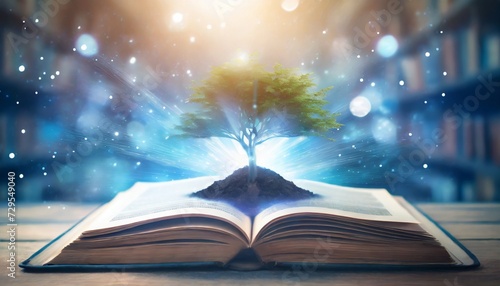 the concept of education by planting a tree of knowledge in the opening of an old book in the library and the magical magic of light that flies to the destination of success beautiful background photo