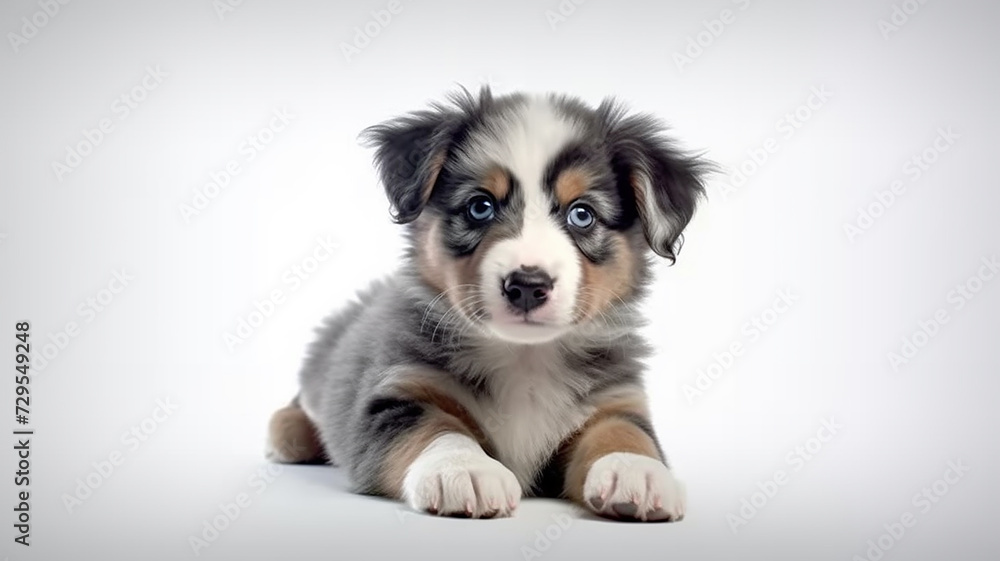 Studio portrait of puppy dog Australian Shepherd lying on white background