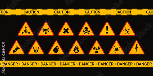 Yellow alert triangles, warning sign danger. Attention, poison, high voltage, radiation, biohazard, flammable signs.