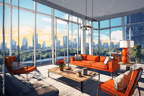 Illustration of modern interior. Living room or hall with large windows and a lot of light. Big City. Summer or tropical climate. Trendy concept design art. Digital painting. Generative Ai content.