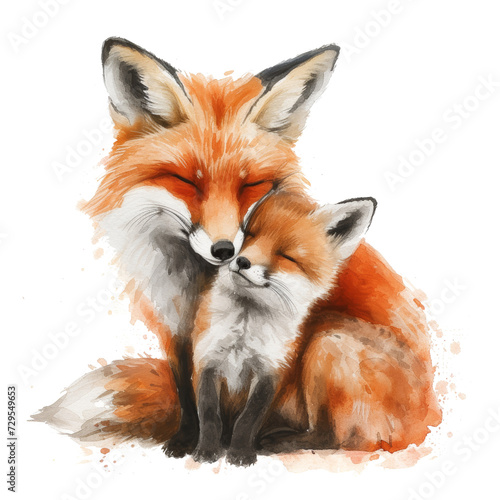 Cute little fox with mom. Watercolor painting. isolated © yganko