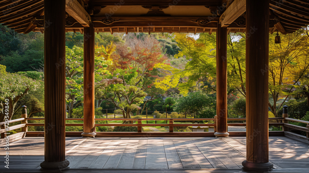 A serene image of a traditional Japanese garden viewed through the elegant simplicity of a wooden pagoda. - obrazy, fototapety, plakaty 