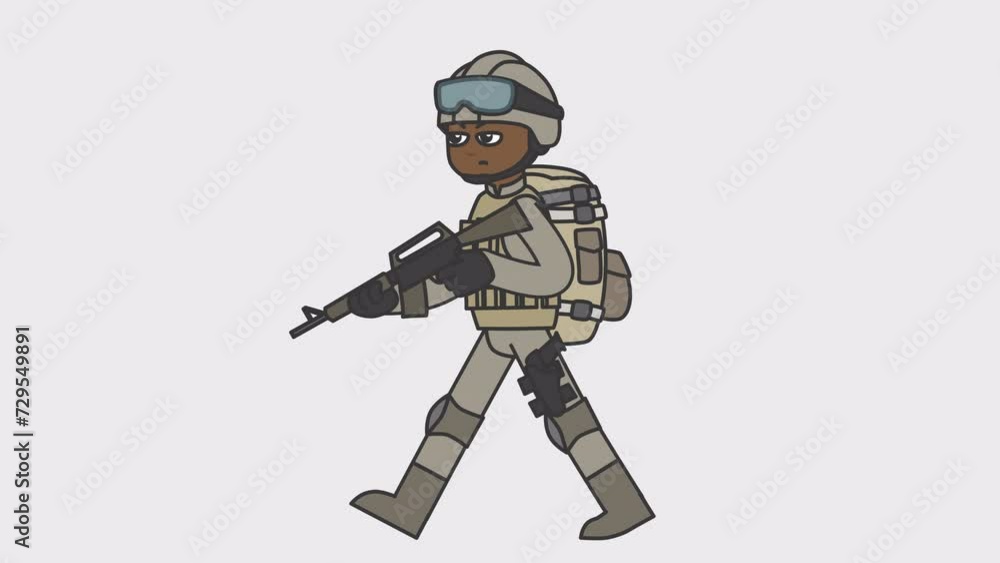 2d animation of walking black male soldier holding an automatic gun. Looped 4K video with alpha-channel. 2d animation of walking black male soldier holding an automatic gun. Looped 4K video with alpha-channel.