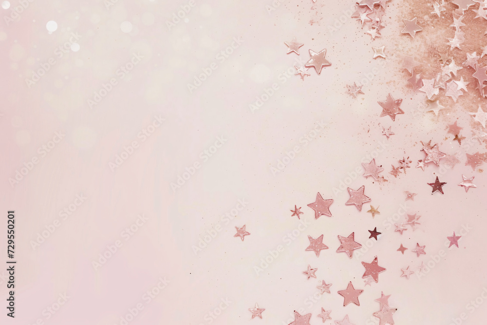 Birthday Background Pastel Peach Colours delicate powder pink Glitter Stars falling with soft caramel brown copy space 