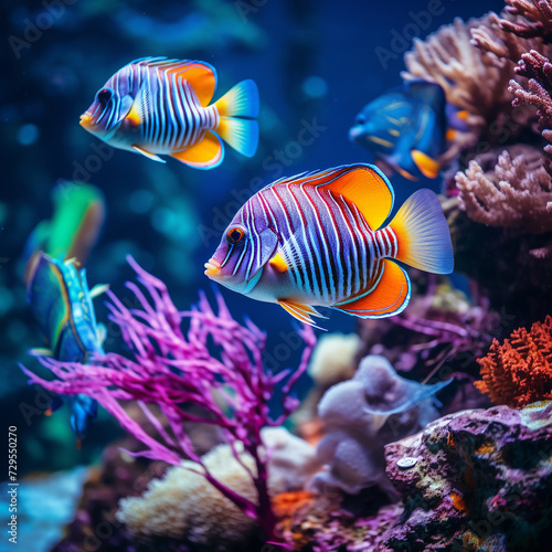 Colorful tropical fish in the aquarium background