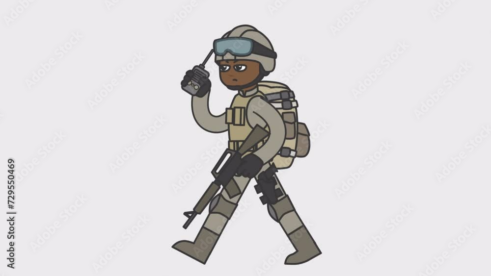 2d animation of walking black male soldier talking on the radio. Looped 4K video with alpha-channel. 2d animation of walking black male soldier talking on the radio. Looped 4K video with alpha-channel.