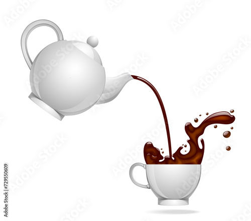 White round ceramic teapot or coffee pot floating in the air pours with splashes brown hot chocolate or coffee into a cup isolated on white. Vector illustration