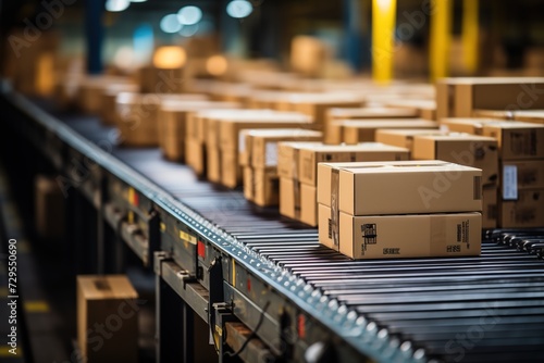 Automated Transport: Boxes Move Across a Conveyor Belt in a Warehouse, Showcasing Technology-Driven Logistics Solutions