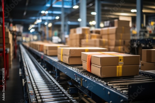 Seamless Operations: Boxes Glide Effortlessly Along a Conveyor Belt in a Warehouse, Reflecting Efficient Supply Chain Management