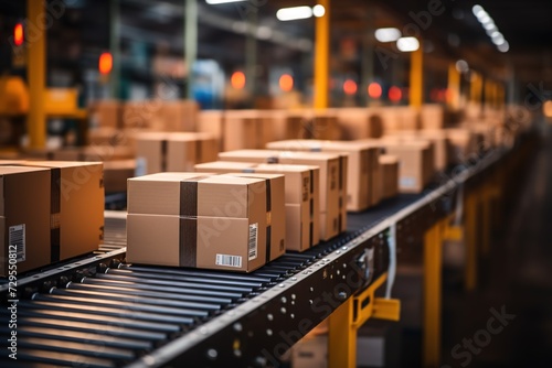 Seamless Operations: Boxes Glide Effortlessly Along a Conveyor Belt in a Warehouse, Reflecting Efficient Supply Chain Management