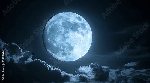 full moon in dark sky with clouds in