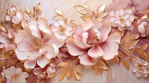 Fototapeta Naklejka Na Ścianę i Meble -  Watercolor pink gold flower abstract mural, peonies, tulips, rose, large delicate voluminous flowers, background, wallpaper, generative AI