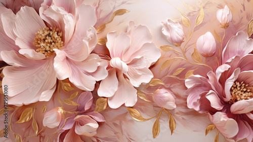 Watercolor pink gold flower abstract mural, peonies, tulips, rose, large delicate voluminous flowers, background, wallpaper, generative AI photo