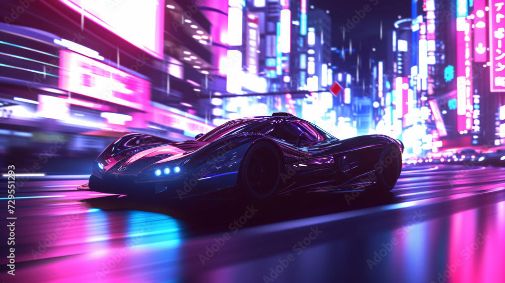 A sleek high-performance sports car zipping through a neon-lit cityscape at night.