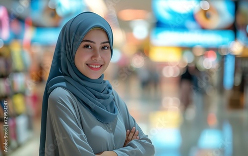 Portrait of a happy Muslim saleswoman in mall in cloth store with a big empty space, Generative AI.
