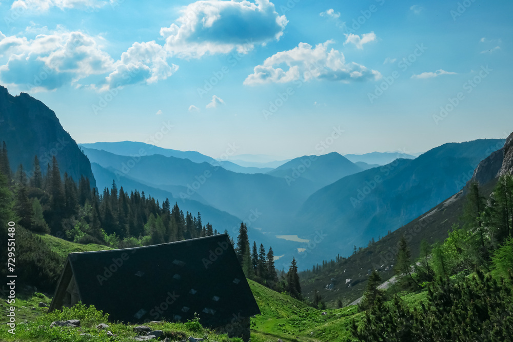 Idyllic alpine meadow of Hauslalm with scenic view of Muerztal valley, Hochschwab mountains, Styria, Austria. Wanderlust in wilderness of Austrian Alps, Europe. Hiking trail in Obersteiermark, summer - obrazy, fototapety, plakaty 