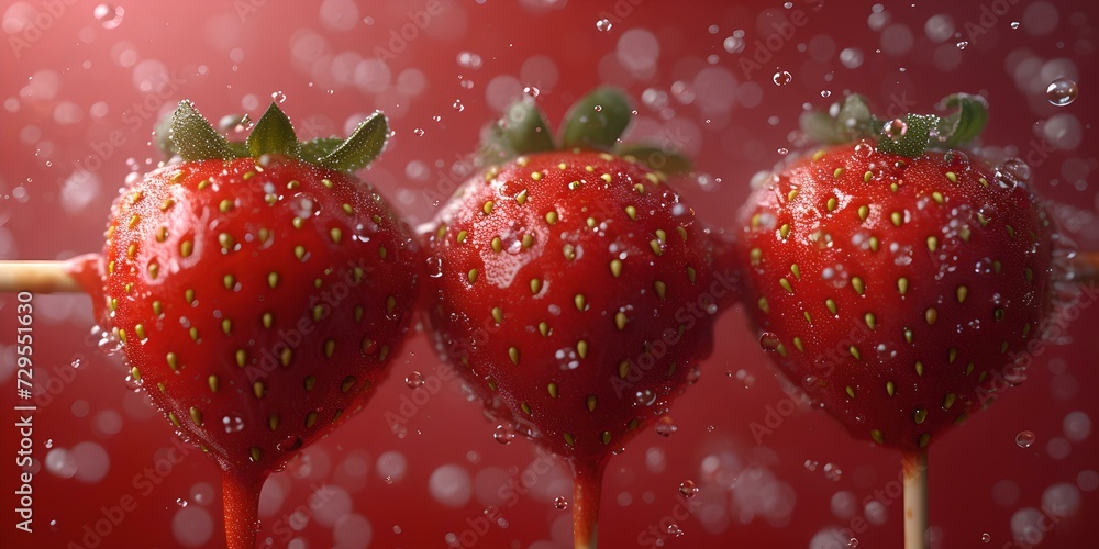 Fresh strawberries on skewers with sparkling bubbles background. juicy ripe fruit, perfect for food advertising. vibrant color pop. AI