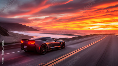 A sleek modern sports car racing down a coastal highway at sunset. © Thomas