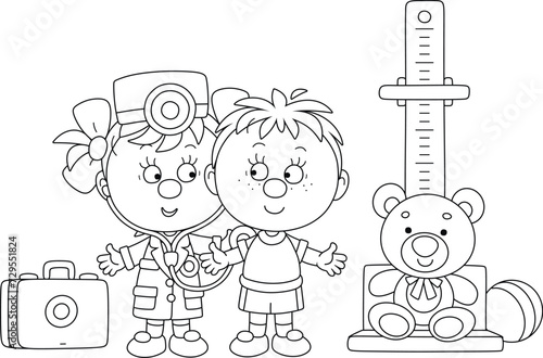 Cute little girl holding a medical stethoscope and playing doctor with a funny boy among toys in a playroom of a nursery school, black and white outline vector cartoon illustration for a coloring book