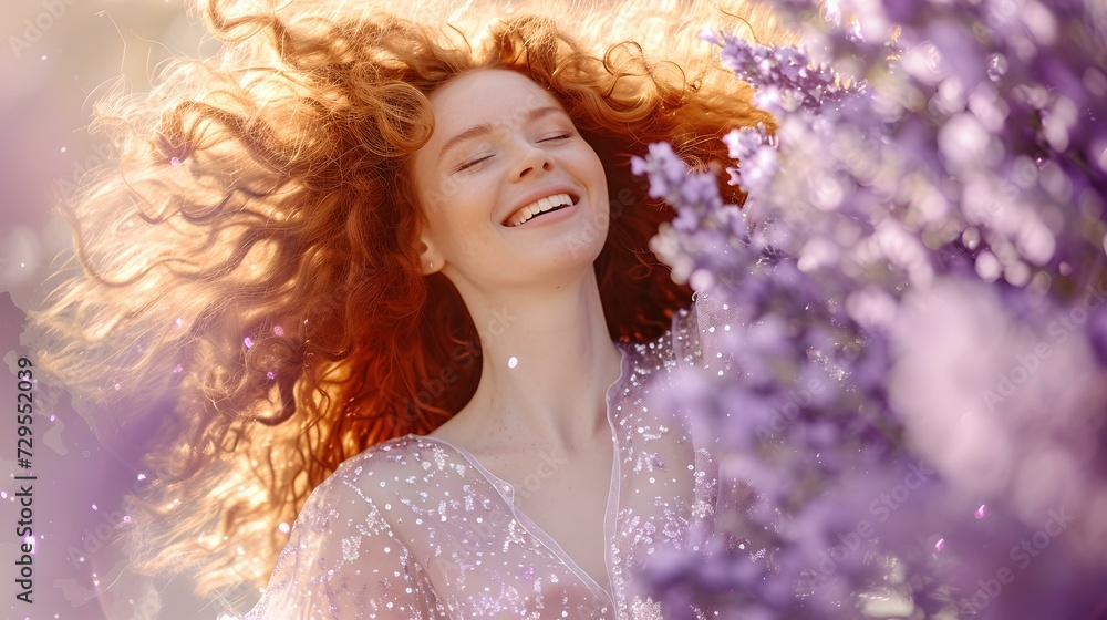 Joyful young woman with flowing red hair amongst purple flowers. radiant beauty in nature captured. perfect for spring themes. AI
