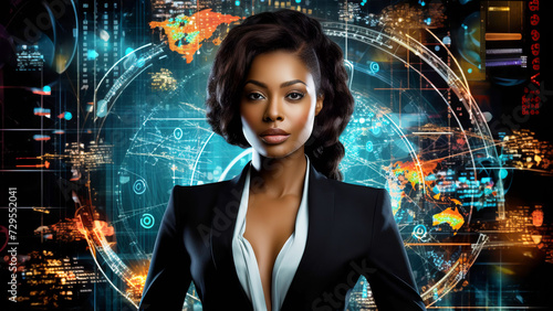 Attractive black woman in a business suit on a futuristic abstract background. Financial consultant, broker, dealer. The concept of a successful career in the financial sector. photo