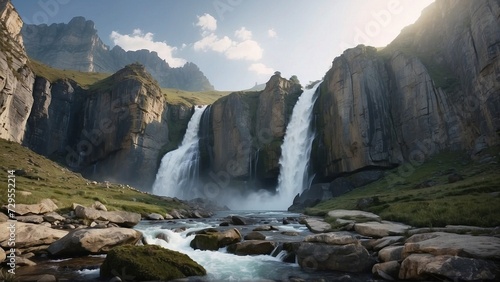 Dramatic waterfall cascading over jagged rocks