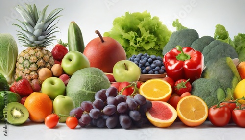 wide collage of fresh fruits and vegetables for layout on white background