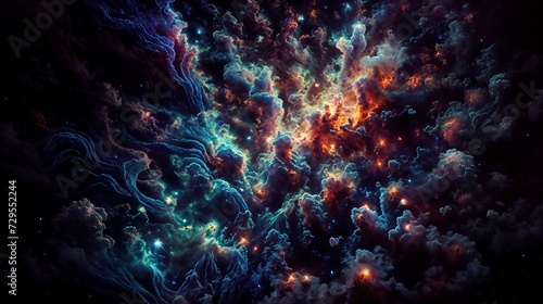 The image depicts a swirling mass of clouds in deep space, colored in shades of blue, orange, and purple. The clouds are illuminated by bright spots of light, which appear to be stars.