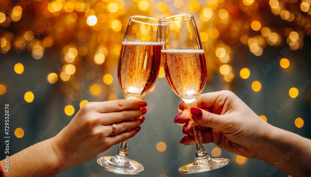 two hands with glasses of champagne wine clink against blurred golden lights festive background and celebration concept