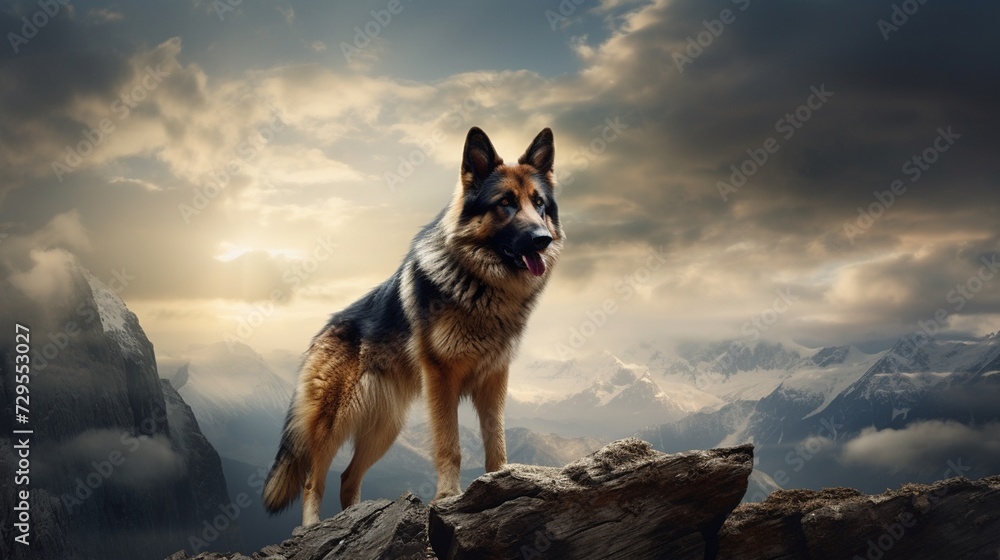 german shepherd in the mountains - obrazy, fototapety, plakaty 
