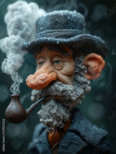 a isometric 3d model of a man smoking a pipe standing in a mini world, popout effect in 3d