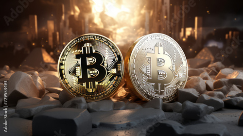 two golden bitcoin. Bitcoin technology background. cryptocurrency investment concept.