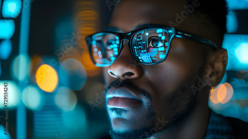 afro american Engineer designs AI technology with reflection on eyeglass lenses