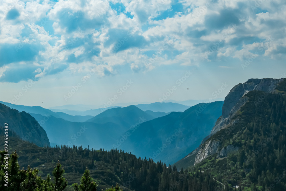 Scenic view of majestic Buchbergkogel seen from Hauslalm in Hochschwab mountains, Styria, Austria. Wanderlust in wilderness of Austrian Alps, Europe. Panorama of Fischbacher Alpen and Muerztal valley