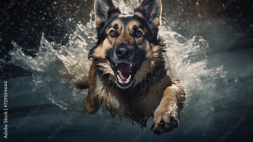 german shepherd dog in water - obrazy, fototapety, plakaty 