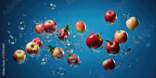 Levitation of sweet apples in the air, with splashes of water, blue background. Generative AI