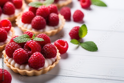 closeup of tartlets with fresh berries  bakery dessert with sweet raspberry on white wooden background