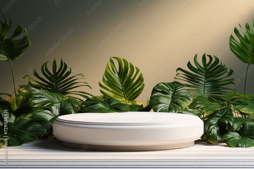 Fototapeta premium white round platform podium with green tropical leaves on background, template for montage or product presentation