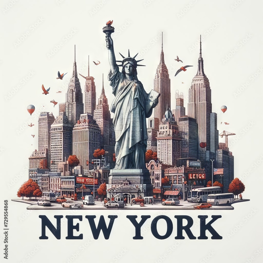 Illustration of New York city landmarks in white background