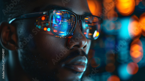 afro american Engineer designs AI technology with reflection on eyeglass lenses © Ekaterina