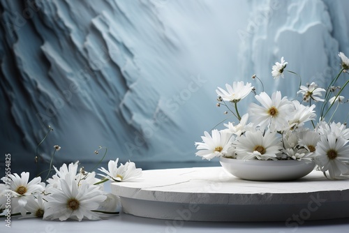 round platform podium with white daisy flowers on stone background, template for montage or product advertising presentation