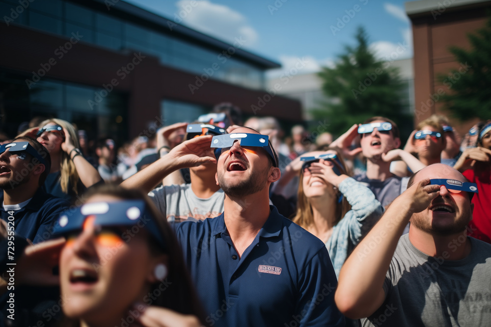Obraz premium A crowd of people watch the annular solar eclipse