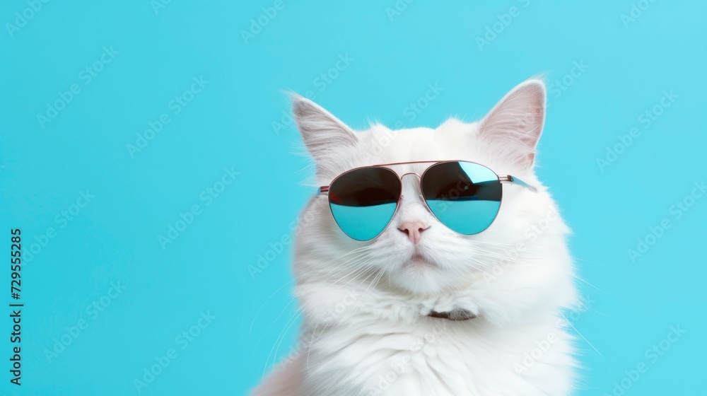 Cute white cat wearing sunglasses on blue background. Copy space.