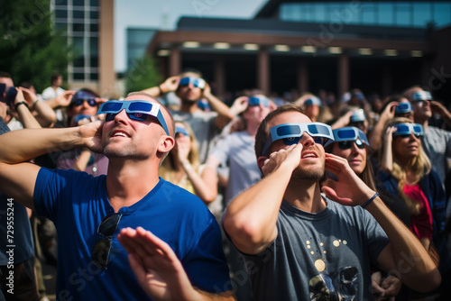 A crowd of people watch the annular solar eclipse photo