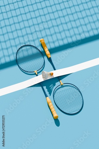 Badminton sport equipments, rackets and shuttlecock under the shadow of the grid on court. 3d illustration, render. Top view, vertical orientation
