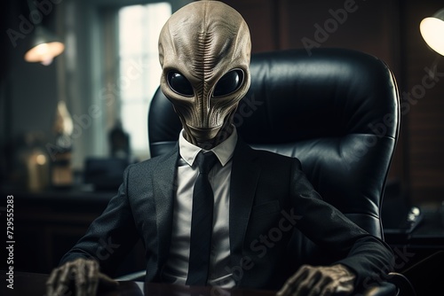 portrait of an humanoid alien in a business suit in office photo