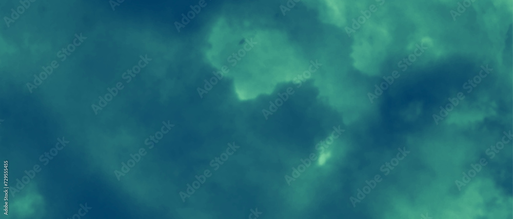 Colorful dark blue watercolor background. Blue cloud background. Blue sky with clouds and sun. Blue and green background.